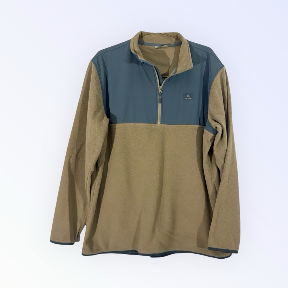Ascend Bass Pro Mens 2XL Blue Tan Pullover 1/4‎ Zip Fleece Jacket Shirt